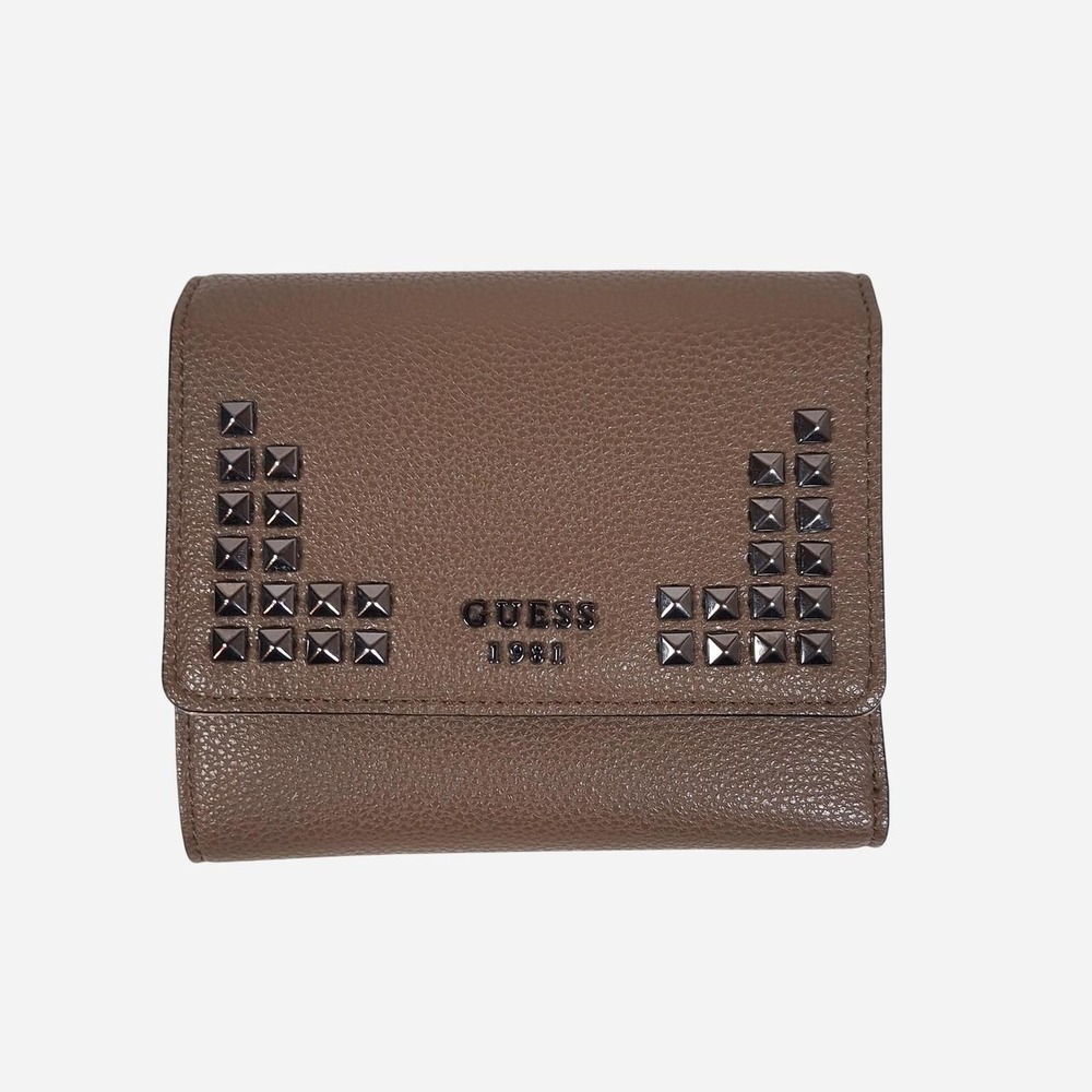 GUESS Womens Taupe Studded Trifold Wallet Logo Pyramid Stud Bifold Clutch